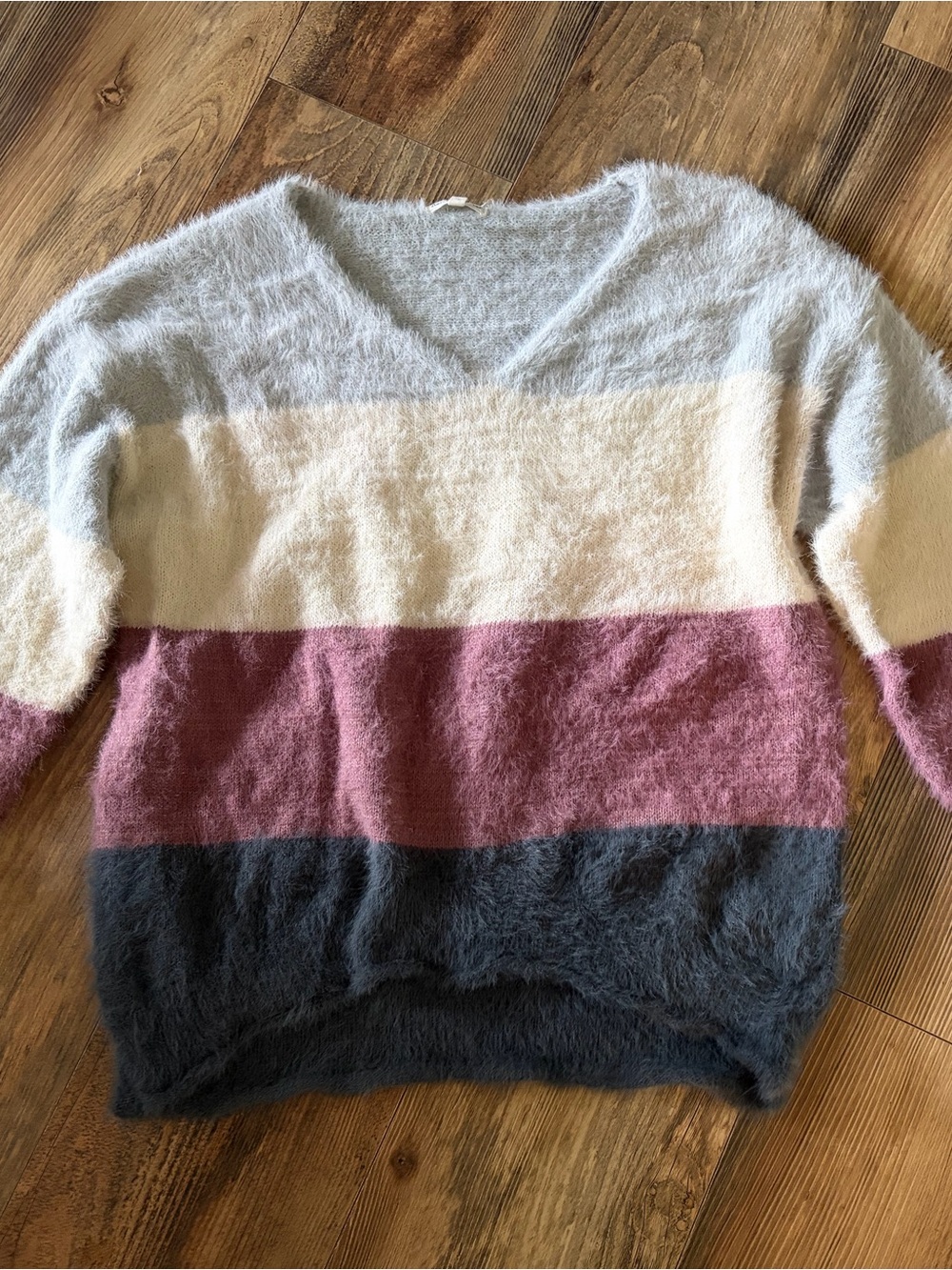 Cozy Striped Fuzzy V-Neck Sweater in Light Blue, Cream & Mauve